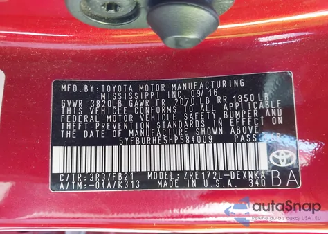 2017 Toyota Corolla Le z USA, uszkodzony, nr VIN 5YFBURHE5HP584009